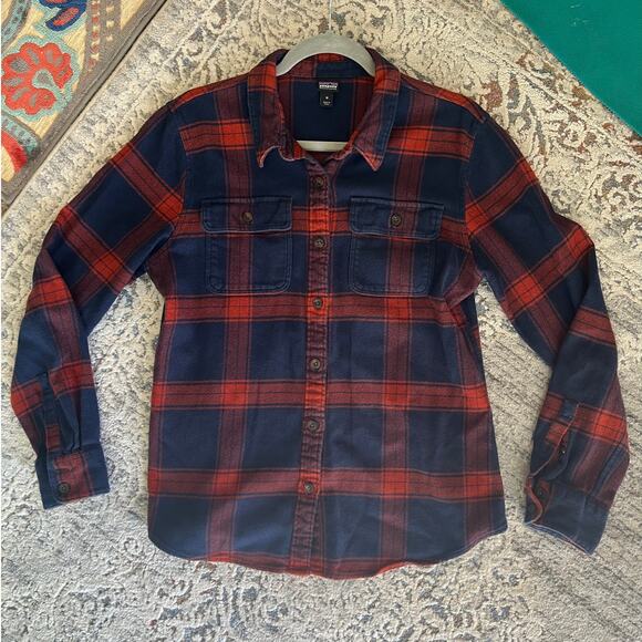 Patagonia Long-Sleeved Fjord Flannel button Up Shirt Medium Navy & Red - Picture 3 of 14